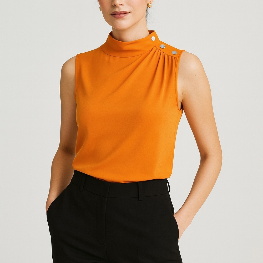 NWT DKNY Orange High Neck Mock Neck Silver Button Office Top – Medium - Picture 8 of 8